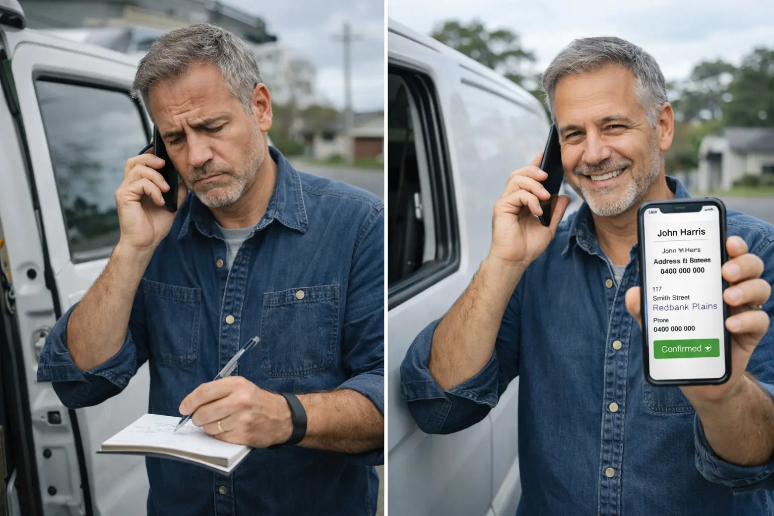 Electrician confirming customer address on phone during a call